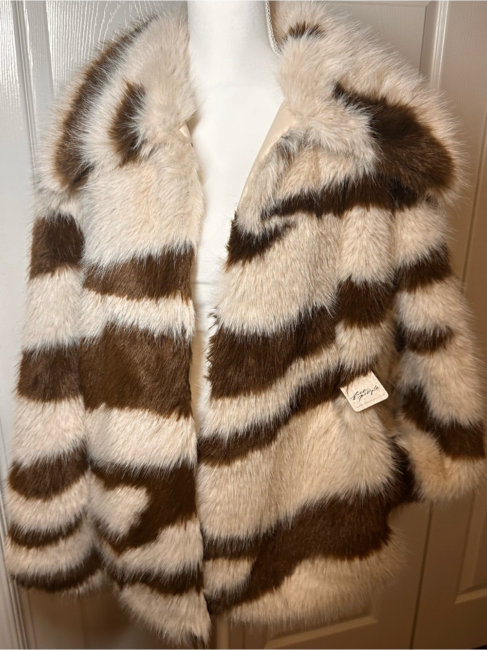 Free People Cream and Brown Striped Faux-Fur Teddy Jacket